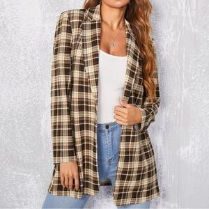 SHEIN Plaid Tartan Single Button Brown Long Blazer Size M